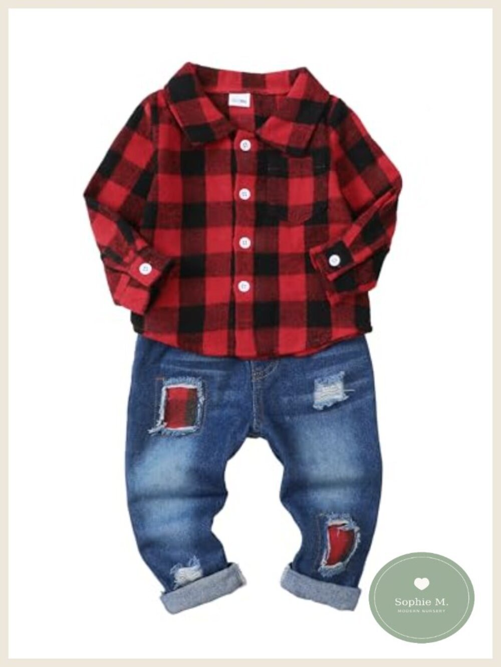 Toddler Boy Plaid Pocket Shirt and Ripped Jean Pants Outfit Set